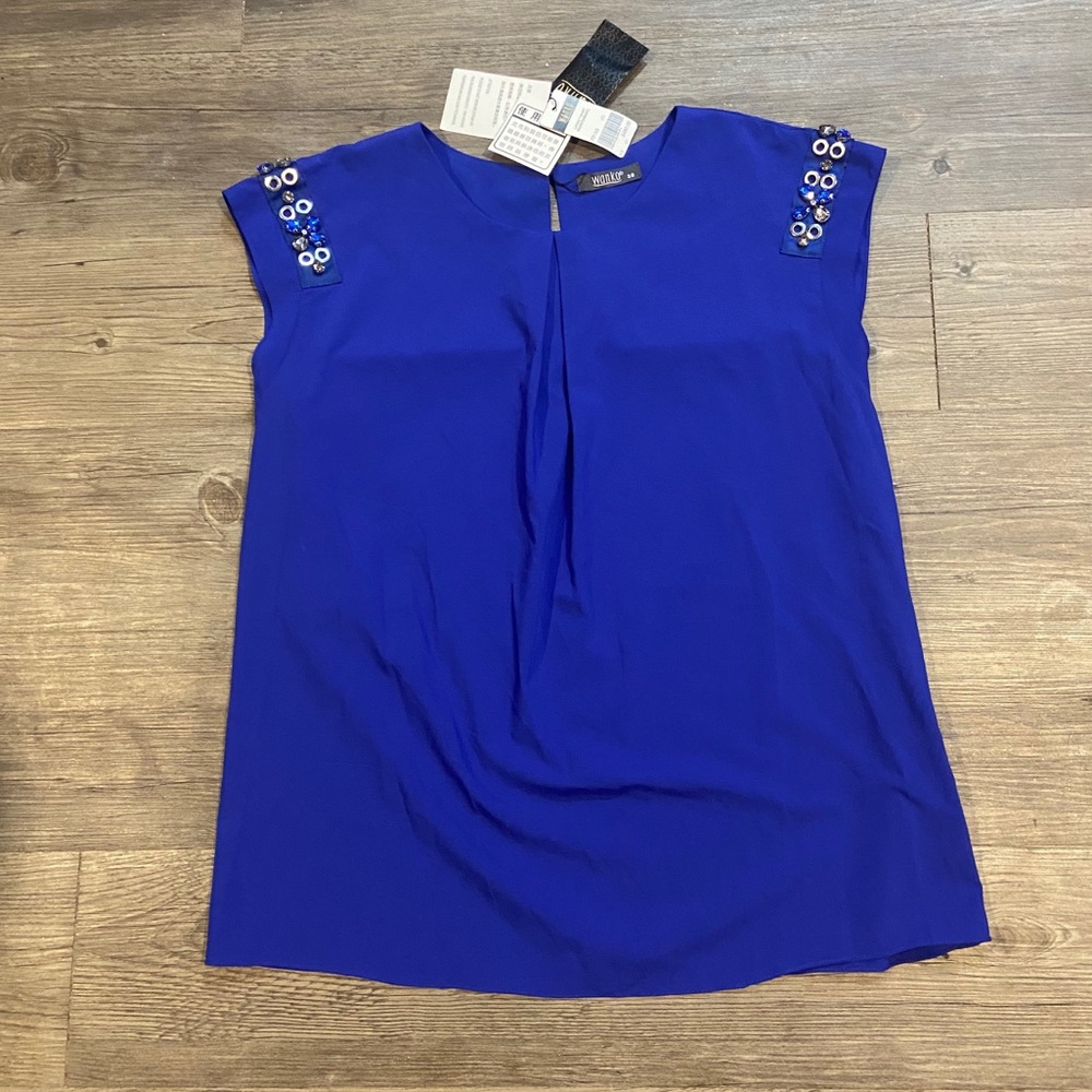[Wanko] NWT Blue Blouse with Gem Embellishments L
